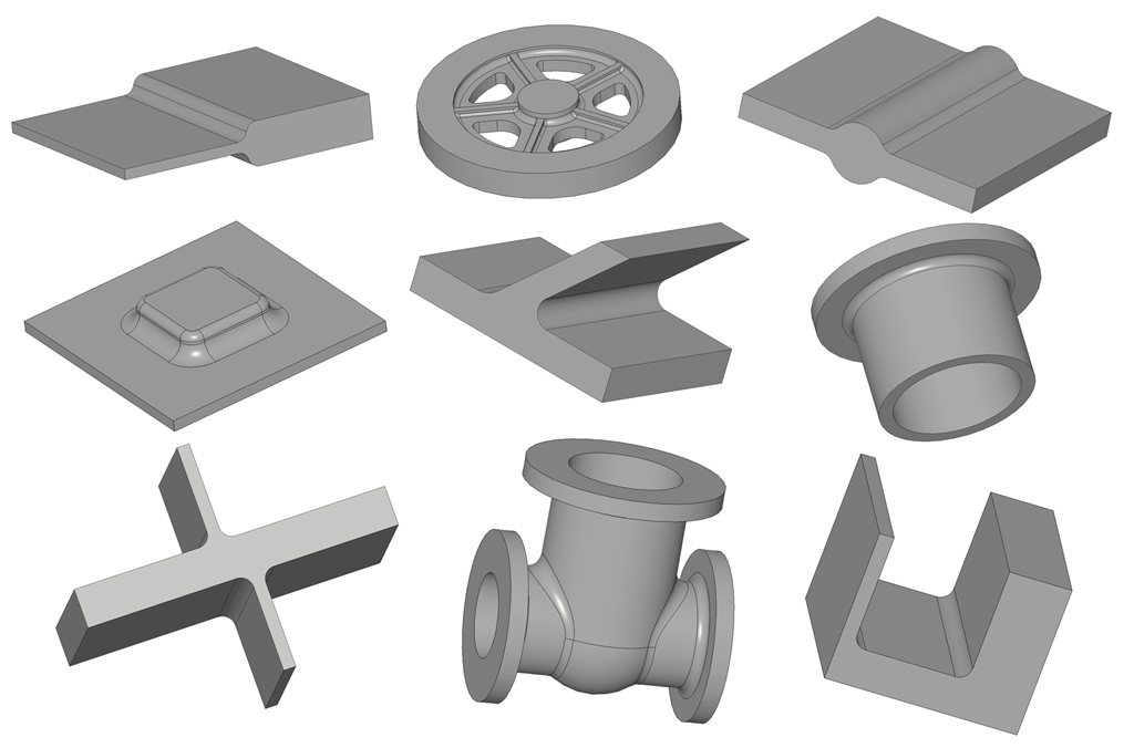 Nine examples of parametric casting geometries: plates with ribs and bosses, a spoked wheel, a flanged bush, a cross, a valve body and a U-channel