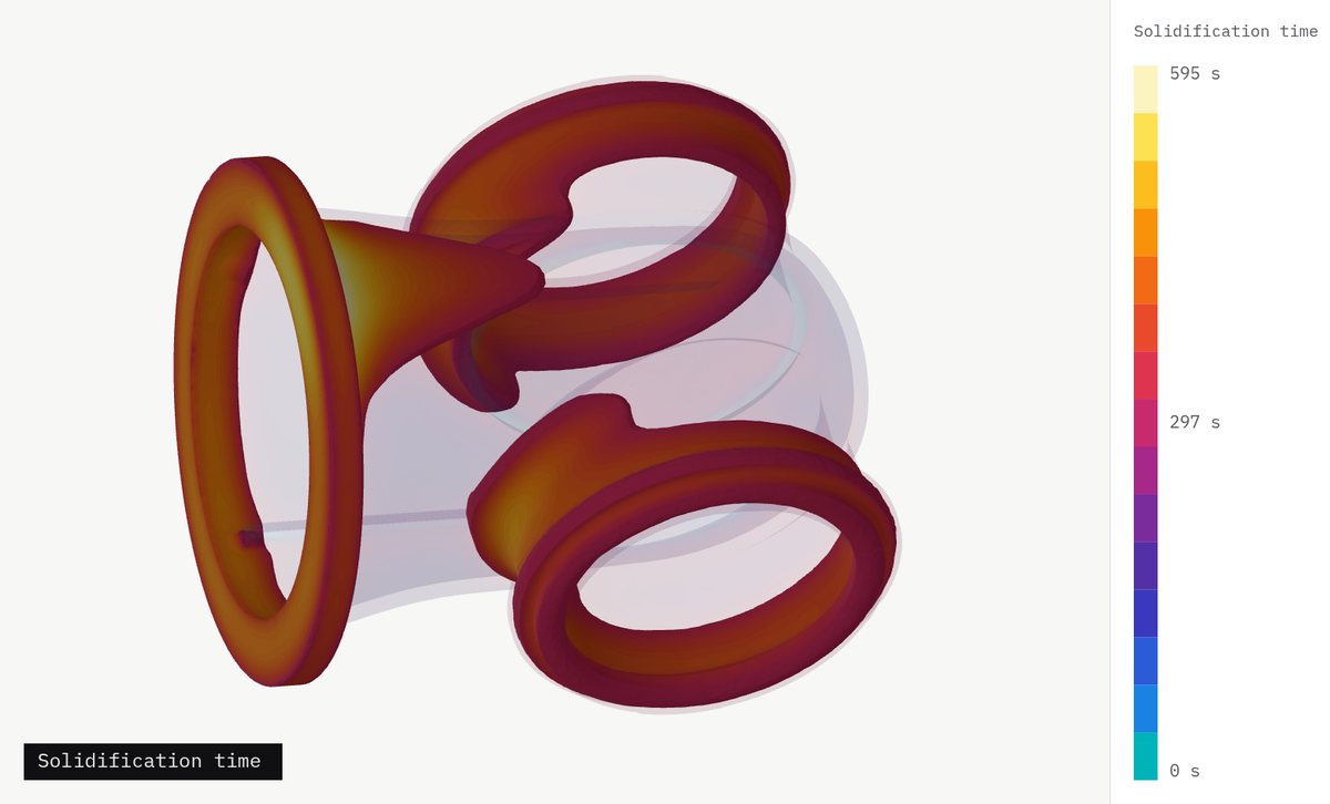Solidification-time field on a flanged casting in the FoundryFlash viewer, coloured from 0 to 595 seconds