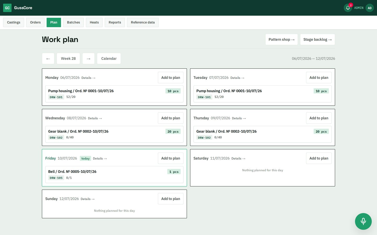 GussCore weekly work plan with one card per day listing planned castings, order numbers and quantities